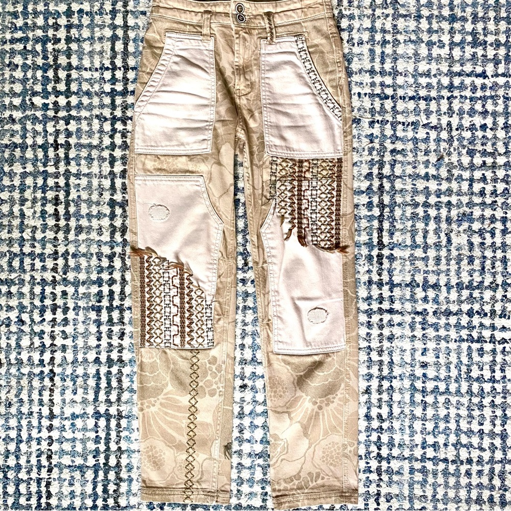 Pilcro Anthropologie Blush & Tan Embroidered Cargo Pants with Floral Print